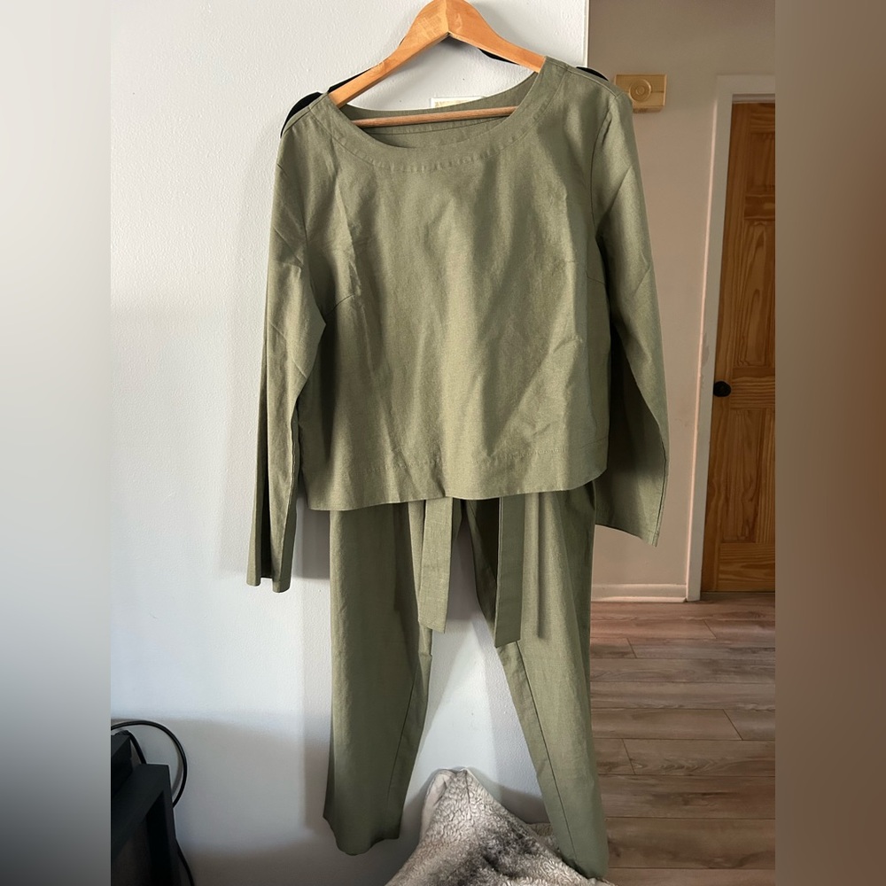 Olive Green Linen/Cotton Light-Weight Women's Two-Piece Jumpsuit Set